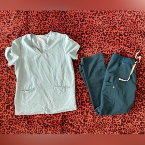 Seafoam green top + Dark Harbor bottoms FIGS scrub set. Both size medium.